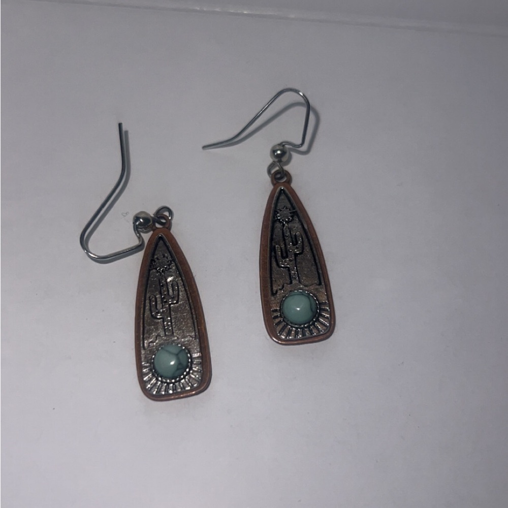 Silver and Turquoise Cactus Dangle Earrings